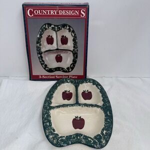 Vintage Green Stoneware Apple Country 3-Part Divided Relish Tray Original‎ Box